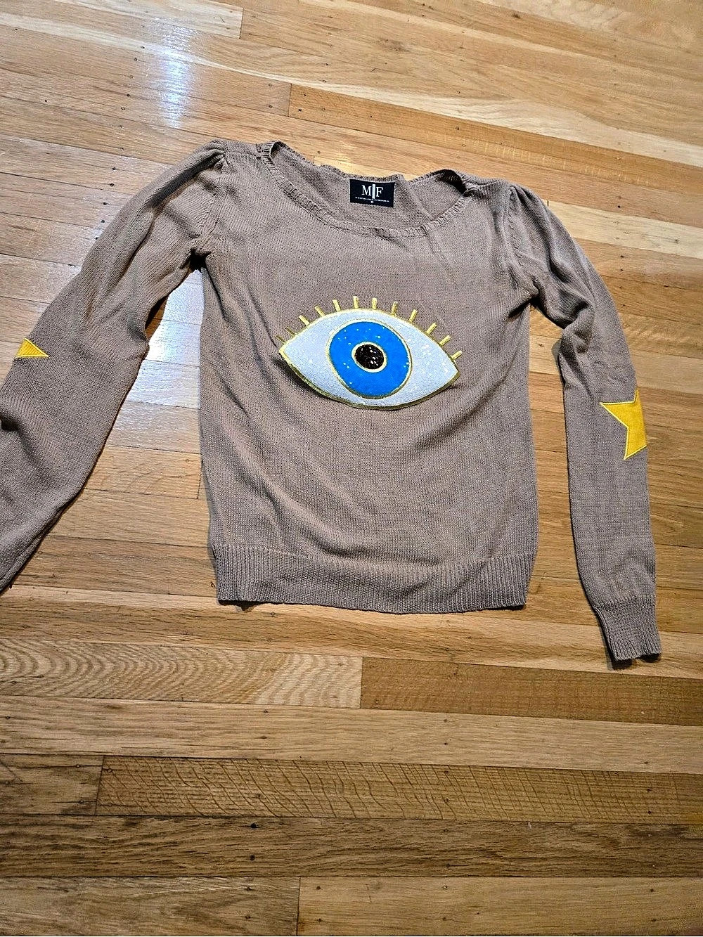 MIF Eye Graphic Crewneck Sweater in Brown & Blue Like New